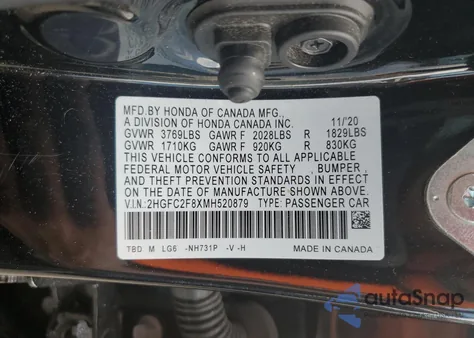 2021 Honda Civic Sport z USA, uszkodzony, nr VIN 2HGFC2F8XMH520879